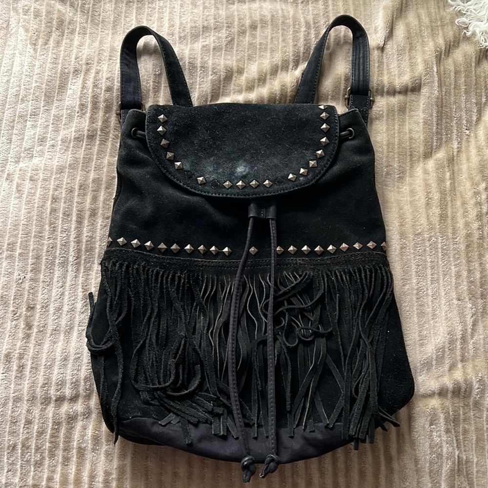 Steve Madden Black Small Backpack with Studs and Fringe